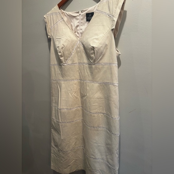 Adrianna Papell Beige Midi Dress with Subtle Stripes business casual cap sleeve - Picture 12 of 15
